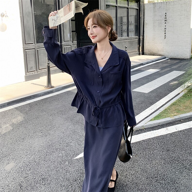 韩系重工压绉抽绳休闲衬衫半裙套装F715-P145-K238,女装套装/套裙,2C255
