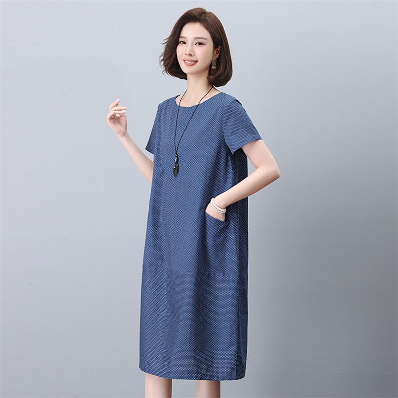 圆点连衣裙女2024新款夏季宽松全棉直筒裙显瘦妈妈遮肚子休闲裙子,女装连衣裙,依恋蒂丝