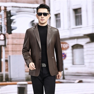 春秋款男士绵羊皮西服真皮休闲外套韩版中年男装百搭通勤夹克潮图片