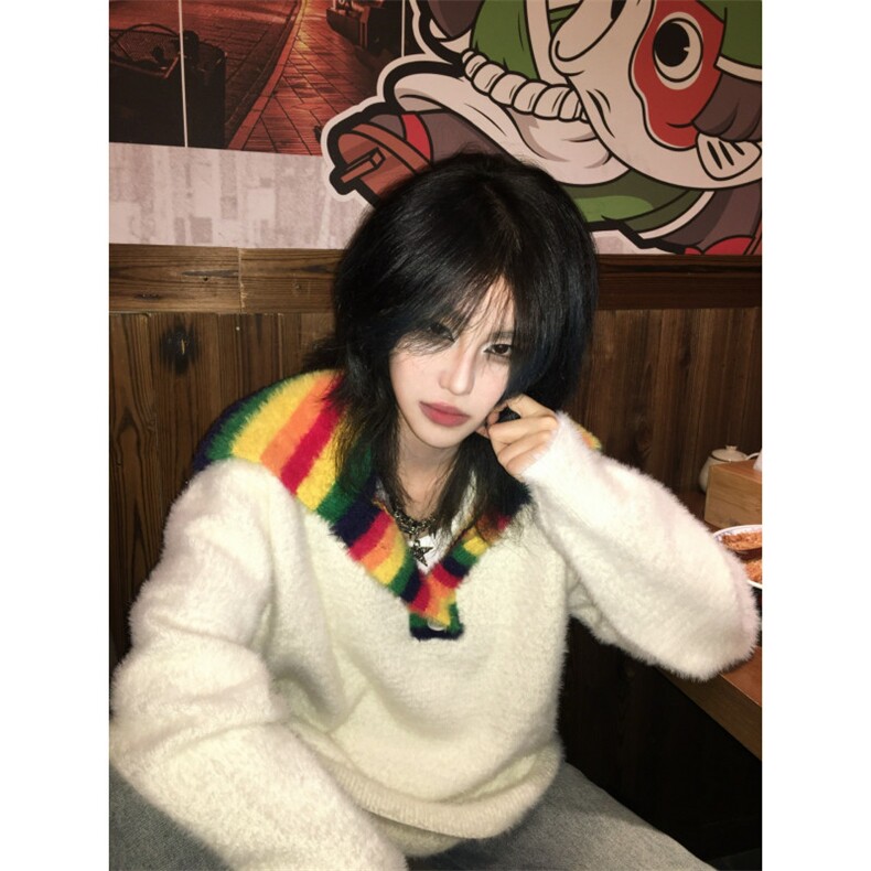 【有货】MY451LL-特P60彩虹高领毛衣男女仿貂毛针织衫外套图片