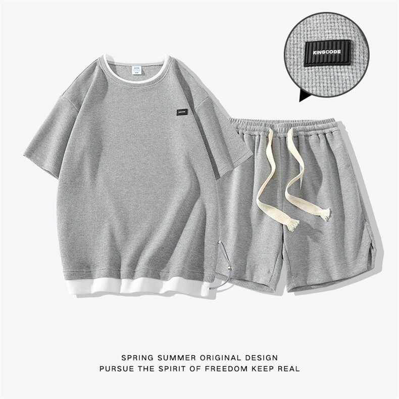 白底简约风小华夫格舒适面料男士休闲套装HT3602+DK7866-P70控98，男装休闲套装，星座717