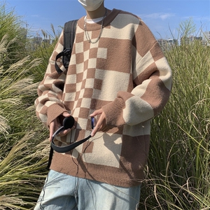 秋款男针织衫圆领套头毛衣棋盘格休闲打底外套M696 P40图片