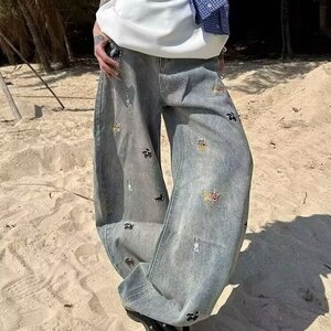 6626-P42大码胖mm今年流行的小狗刺绣直筒牛仔裤女休闲宽松