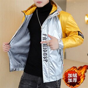 冬季亮拼袖羽棉服男模特加厚夹克保暖外套工装棉衣黑870加绒图片