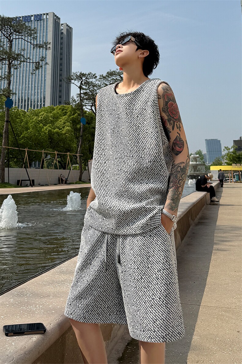 GENIOLAMODE满天星美式无袖坎肩t恤男士夏季薄款宽松情侣运动背心,男装休闲套装,电商A102