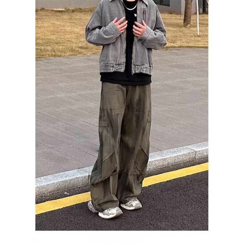 小众设计感宽松褶皱拼接做旧牛仔裤男潮牌休闲阔腿廓形弯刀裤,男装牛仔裤,星座506A