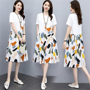 印花拼接棉麻连衣裙女夏季2025新款小个子宽松显瘦遮肚子短袖裙子，女装连衣裙，关键词