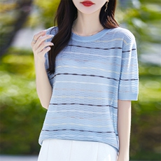 天丝针织条纹正肩短袖T恤女2025夏季大码薄款宽松圆领半袖t恤上衣，女装针织衫/毛衣，郡淞羊绒