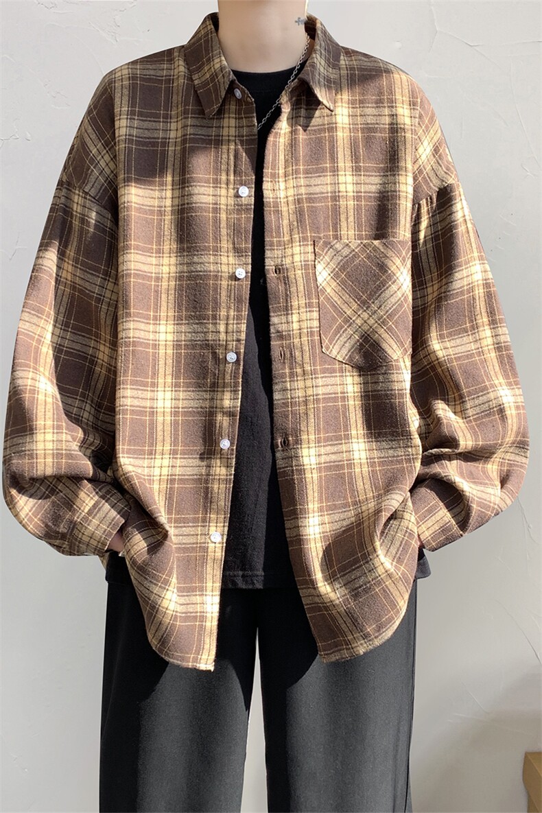 衬衫男秋季新款港风宽松大码磨毛格子长袖衬衣CS601-特P27,男装衬衫,星座214-3
