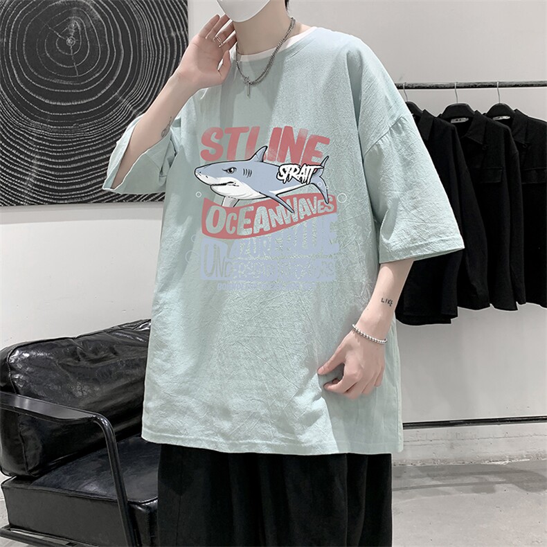YT26331-P30亚麻短袖t恤男大码五分袖男宽松七分袖大皂风模特,男装T恤,电商A040