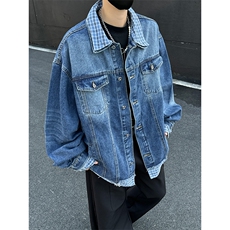 撞色拼接假两件外套女春秋美式复古宽松翻领开衫夹克JK02579-P75，男装夹克，星座308B-2