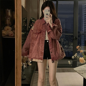 复古甜酷脏粉色水洗拼接牛仔外套男女古着情侣棒球服 C644-98图片