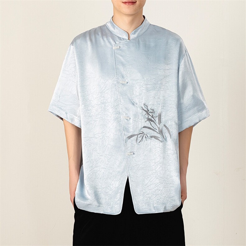 高级感中式风格缎面抓花兰花刺绣斜门襟衬衫T2521-P65控98图片