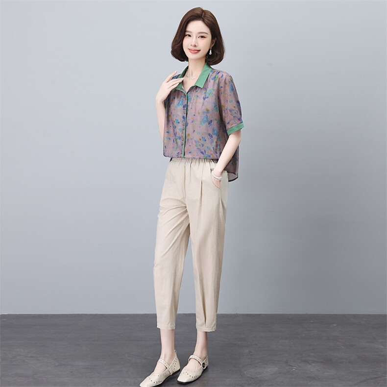 夏季冰丝棉麻套装女夏装2024新款妈妈洋气时尚休闲亚麻两件套,女装套装/套裙,依恋蒂丝