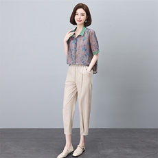 夏季冰丝棉麻套装女夏装2024新款妈妈洋气时尚休闲亚麻两件套，女装套装/套裙，依恋蒂丝