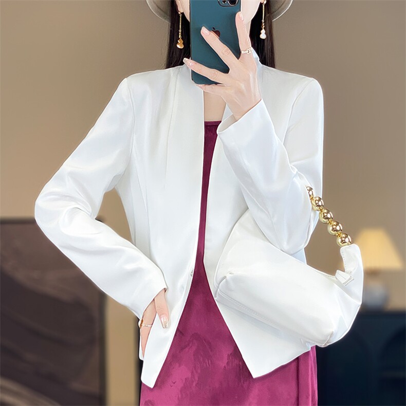 休闲时尚西服女士秋季气质修身小个子短款醋酸白色小西装外套,女装西装,佳绒高端店