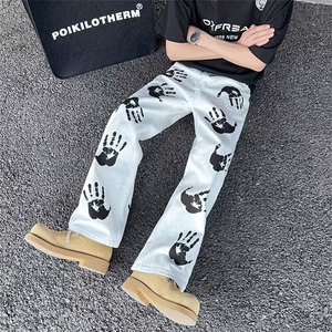 嘻哈美式手掌印窄版牛仔裤男女拖地hiphop炸街图案微喇阔腿长裤潮图片