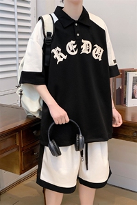 夏上新学生撞色拼接半袖套装百搭翻领Polo衫男女 7805-P75控价108图片