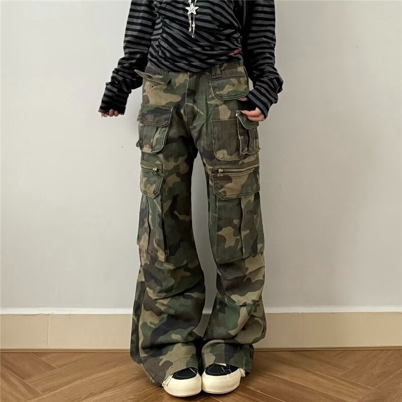 美式高街迷彩多口袋设计直筒微喇牛仔裤男女百搭长裤潮MK161P85,男装牛仔裤,星座1013-5
