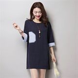 贴布口袋短裙五分袖2021年夏季H型宽松腰通勤麻T恤，女装T恤，独衣靓