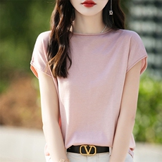 夏季薄款卷边圆领短袖t恤女休闲宽松百搭通勤显瘦针织上衣体恤潮，女装针织衫/毛衣，片语羊绒