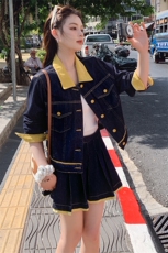2C085-Q068P180牛仔撞色小香风套装+百褶裙两件套控258，女装套装/套裙，2C085