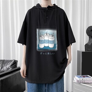 LD54148-P45 连帽短袖t恤男大码胖子带帽五分袖中袖图片