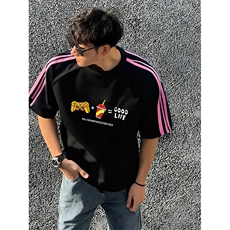 抖音得物品质二开240克宽松纯棉美式潮牌印花三条杠中性风短袖T恤，男装T恤，电商A486