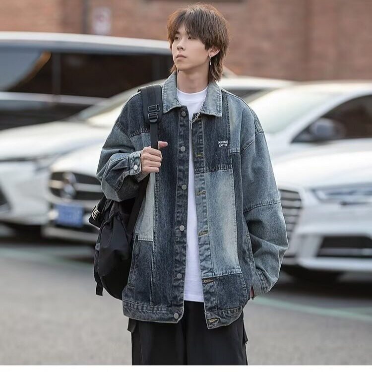 春秋设计感撞色水洗做旧牛仔外套美式男款宽松翻领夹克JK633-P68，男装工装外套，星座302B-2