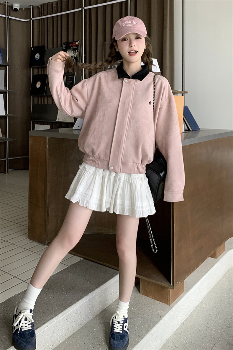 甜美风粉色拼色翻领休闲夹克上衣女2025小众设计感美式棒球服外套,女装短外套,2C201