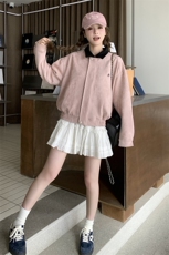 甜美风粉色拼色翻领休闲夹克上衣女2025小众设计感美式棒球服外套，女装短外套，2C201