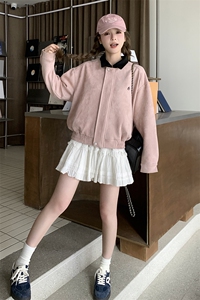 甜美风粉色拼色翻领休闲夹克上衣女2025小众设计感美式棒球服外套图片