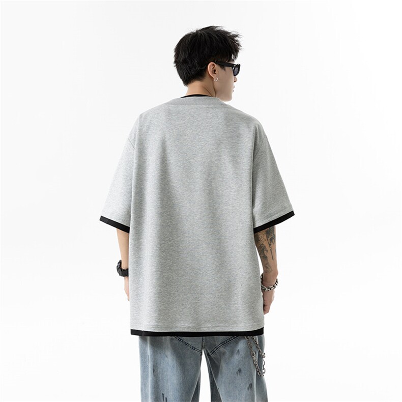 夏季2025新款罗纹拼接假2件亨利领短袖T恤xz906-Y137P45控78,男装T恤,星座906（原电商a316-1）