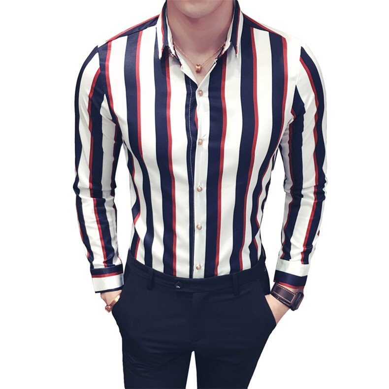 YC009-Q潮男宽条纹长袖衬衫夜店酒吧休闲衬衫衬衣理发师工作服,男装衬衫,星座717A