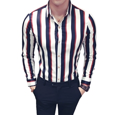 YC009-Q潮男宽条纹长袖衬衫夜店酒吧休闲衬衫衬衣理发师工作服，男装衬衫，星座717A