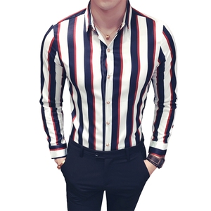 YC009-Q潮男宽条纹长袖衬衫夜店酒吧休闲衬衫衬衣理发师工作服图片