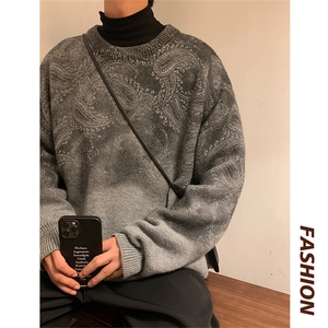 M3117/P70冬季毛衣男圆领套头针织衫腰果花扎染大码上衣毛衣