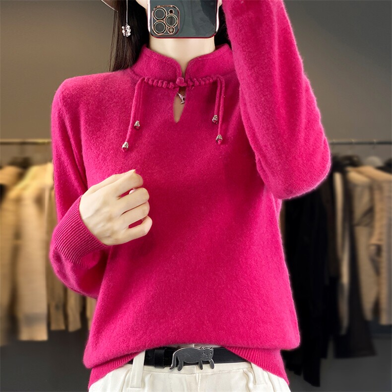 时尚红色纯毛中式女装羊毛衫修身显瘦长袖针织衫,女装羊毛衫,梵泰羊绒
