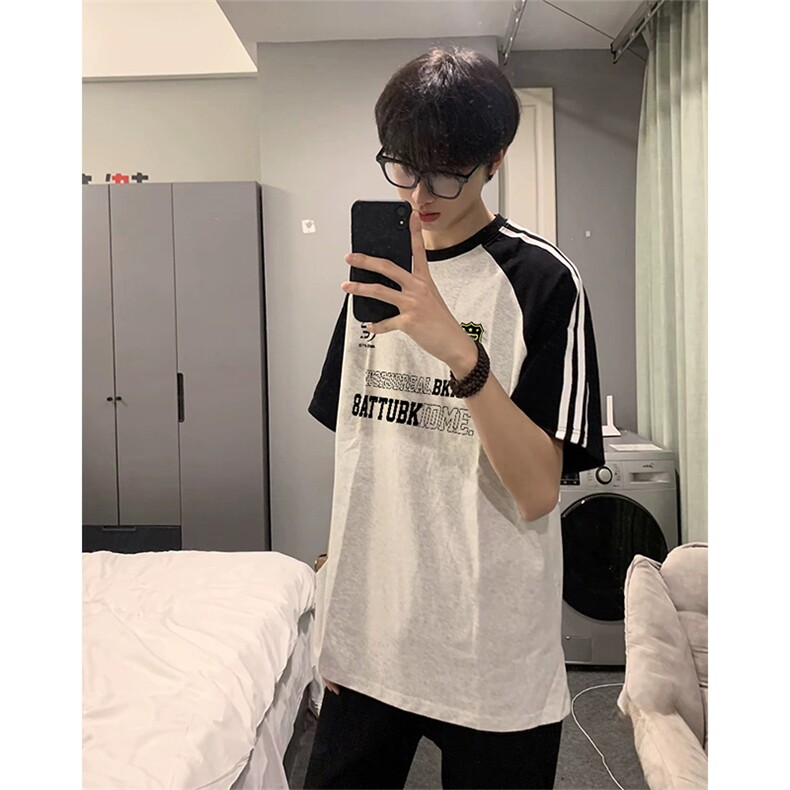 抖音得物品质二开240克宽松纯棉美式潮牌插肩三杠织带短袖T恤，男装T恤，电商A486