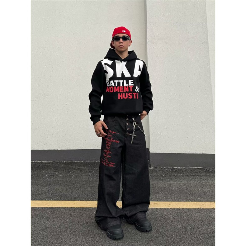 美式复古破洞拼接红格子牛仔裤女高街设计亚感宽松直筒阔腿拖地裤,男装牛仔裤,星座506A