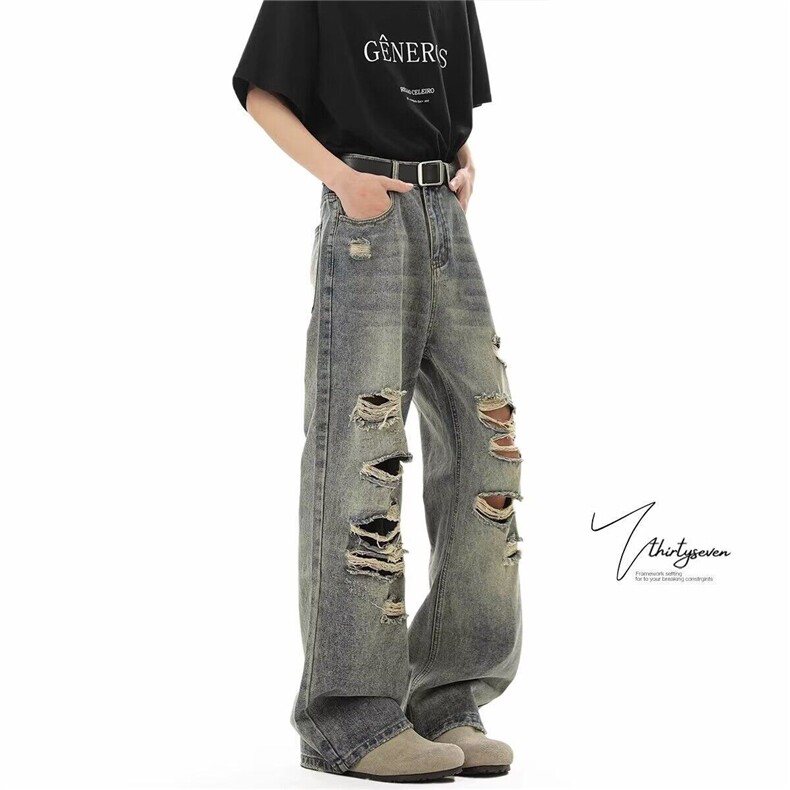 网图现货美式破洞割烂怀旧水洗牛仔裤宽松长裤R118-P50，男装牛仔裤，星座1005-4