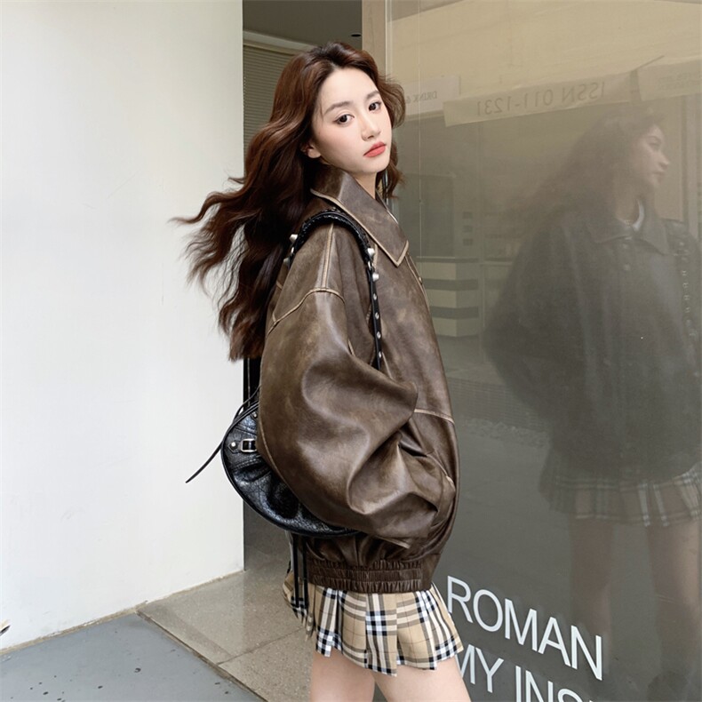 复古港风宽松咖色皮衣外套女春秋2025新款小个子PU夹克爆款高级感,女装短外套,2C278