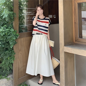 夏季新款韩版时尚气质百搭显瘦条纹短袖T恤+半身裙两件套女,身高168穿搭夏天气质图片