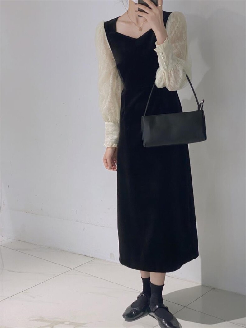 丝绒拼接袖连衣裙，女装连衣裙，驿谷