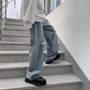 春新款男女高街破洞宽直筒个性潮牌牛仔裤长裤子NZ018 批45 控68图片
