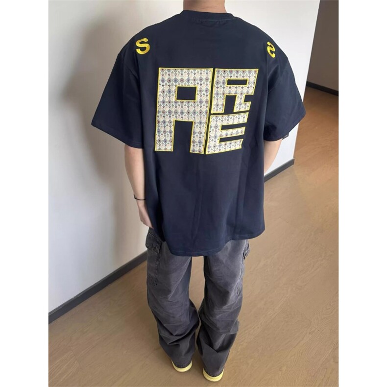 美式复古男款贴布刺绣体恤衫重磅全棉情侣宽松落肩oversize五分袖图片