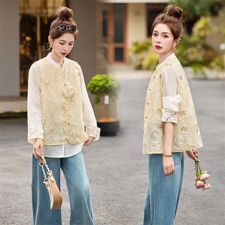 重工刺绣马甲背心长袖衬衫薄上衣新中式g风女装防晒衣，女装马甲，采品优优