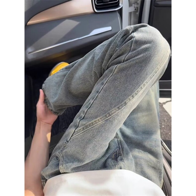 水洗拼接牛仔裤男春季新款美式高街设计感潮直筒微喇裤L21422-P45,男装牛仔裤,星座1008