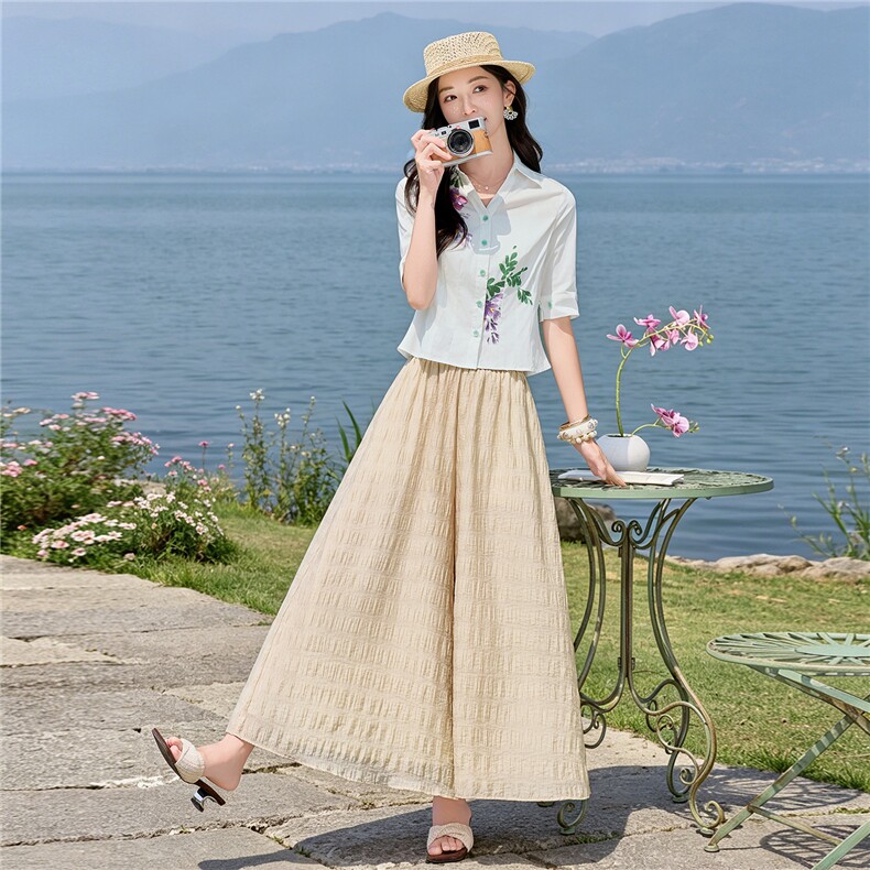 轻熟风时尚小翻领印花衬衫套装女2026夏气质上衣裙裤两件套,女装套装/套裙,水衣源