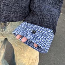 藏蓝色假两件小香风外套男春秋高级感格纹拼接休闲夹克ins上衣潮，男装夹克，星座601-1